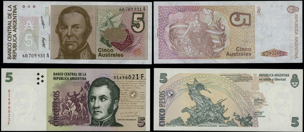 Argentyna, zestaw: 2 x 5 pesos, 1985-91, 2003