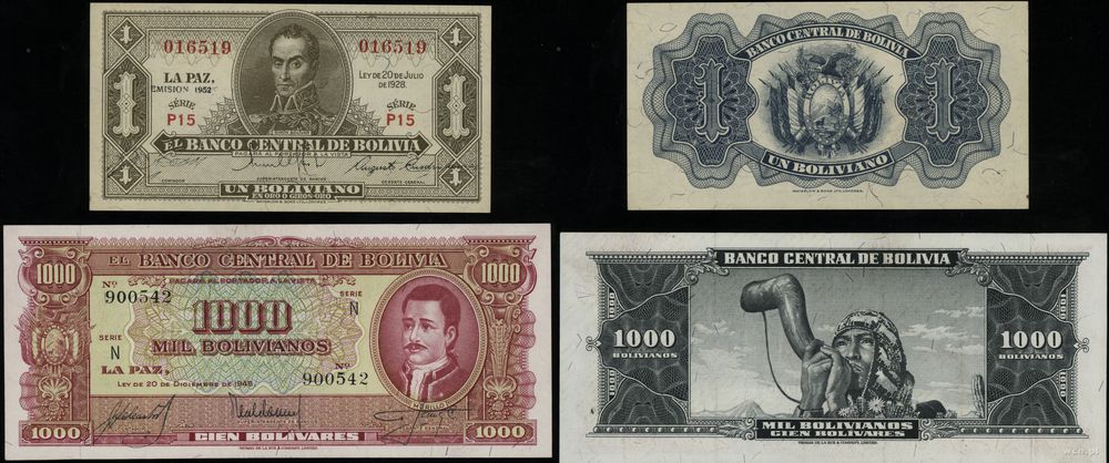 Boliwia, zestaw: 1 boliviano, 1.000 bolivares, 20.07.1928, 20.12.1945