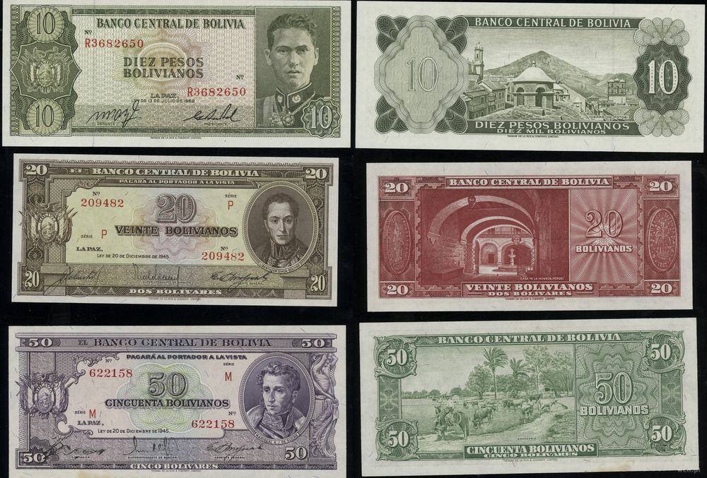 Boliwia, zestaw 10, 20, 50 bolivianos, 1945-1962