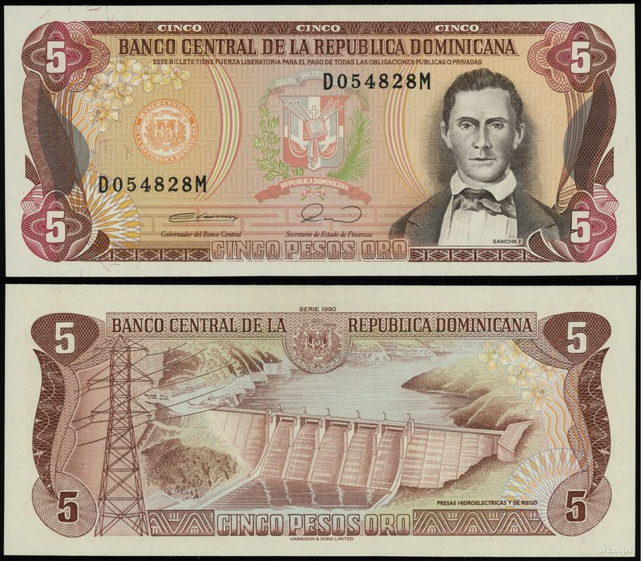 Dominikana, 5 pesos, 1990