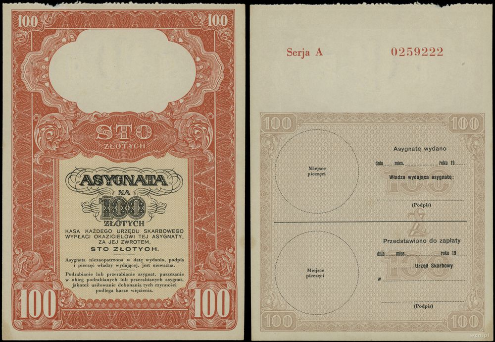 Polska, asygnata na 100 złotych, bez daty (1939)