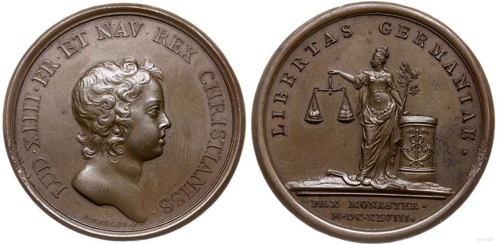Francja, medal z suity historycznych medali autorstwa I. Mauger’a upamiętniający zawarcie Pokoju Westfalskiego w Munster, 1648