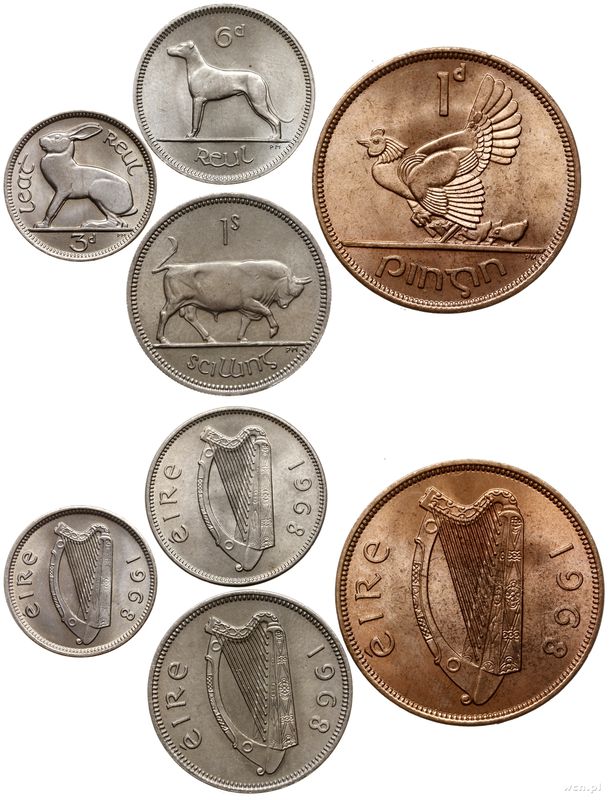 Irlandia, zestaw 4 monet, 1968