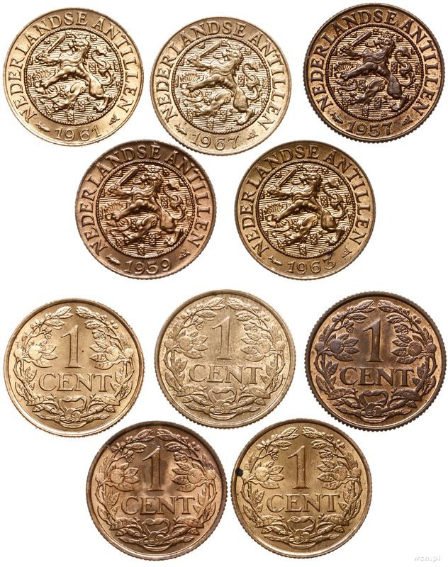 Antyle Holenderskie, zestaw 5 x 1 cent, 1957, 1959, 1961, 1963, 1967