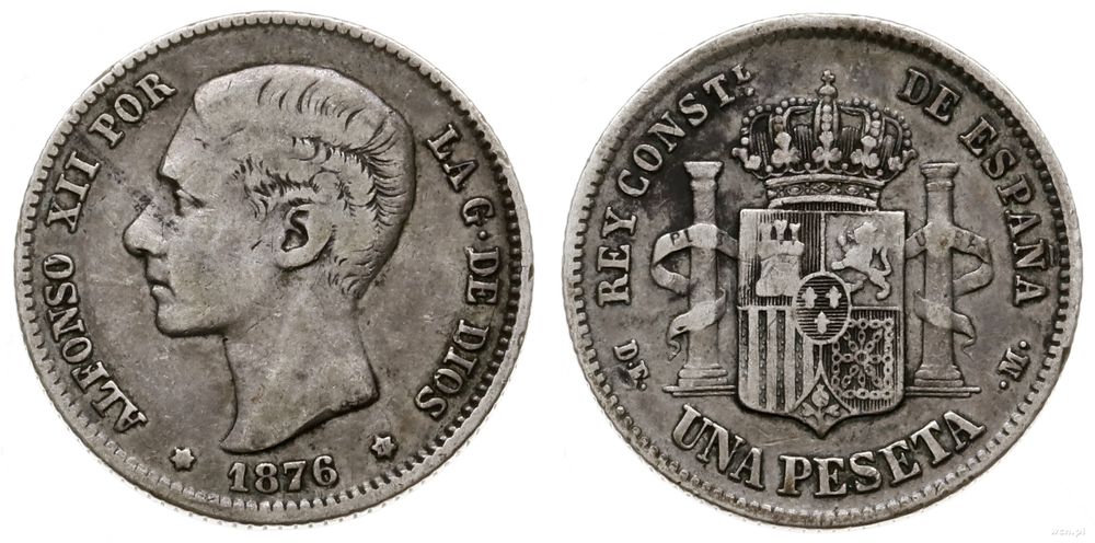 Hiszpania, 1 peseta, 1876 DE M
