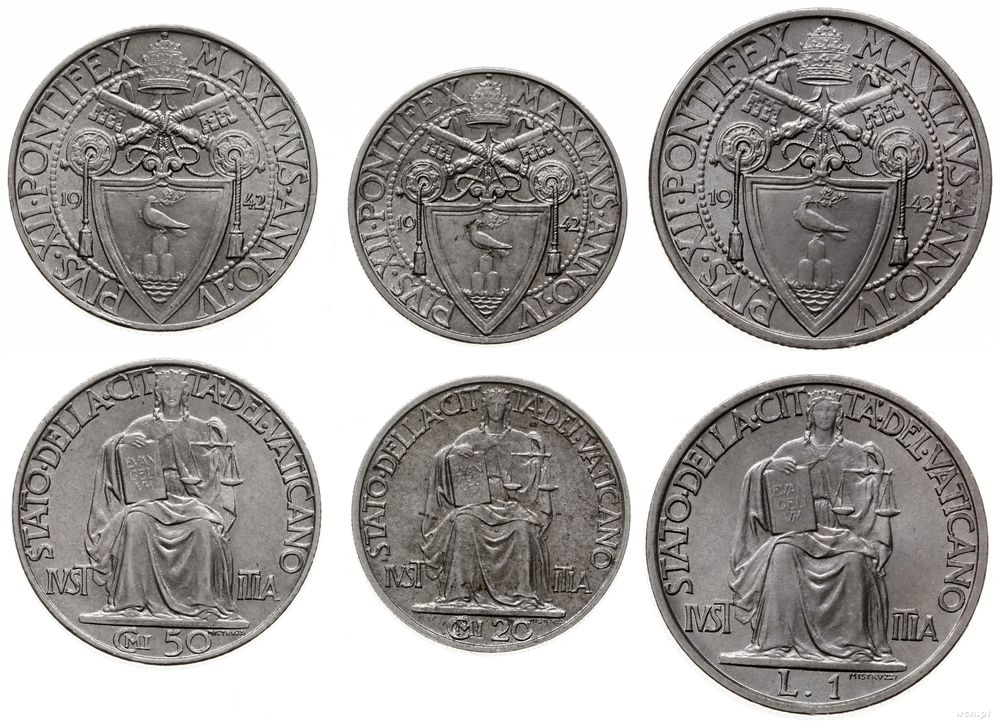 Watykan (Państwo Kościelne), zestaw 3 monet, 1942