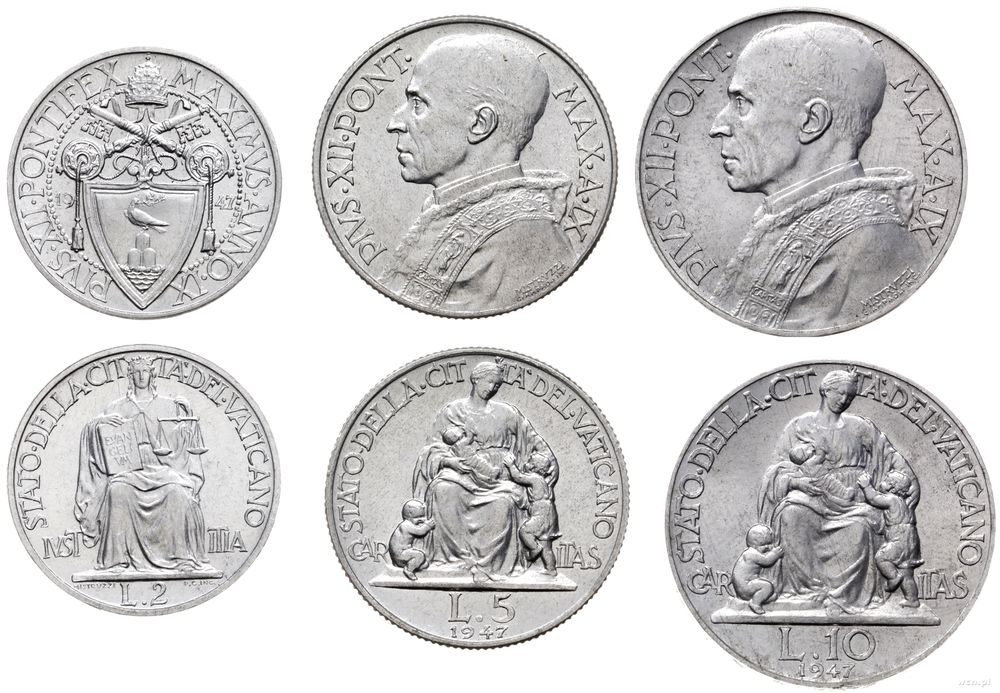 Watykan (Państwo Kościelne), zestaw 3 monet, 1947