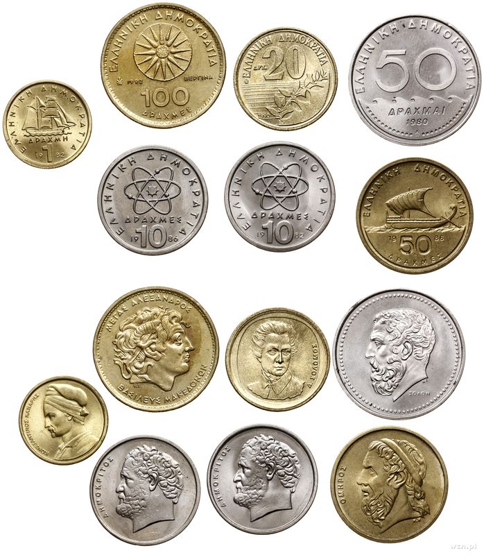Grecja, 1 drachma 1982, 10 drachm 1982 i 1986, 20 drachm 1990, 50 drachm 1980 i 19..
