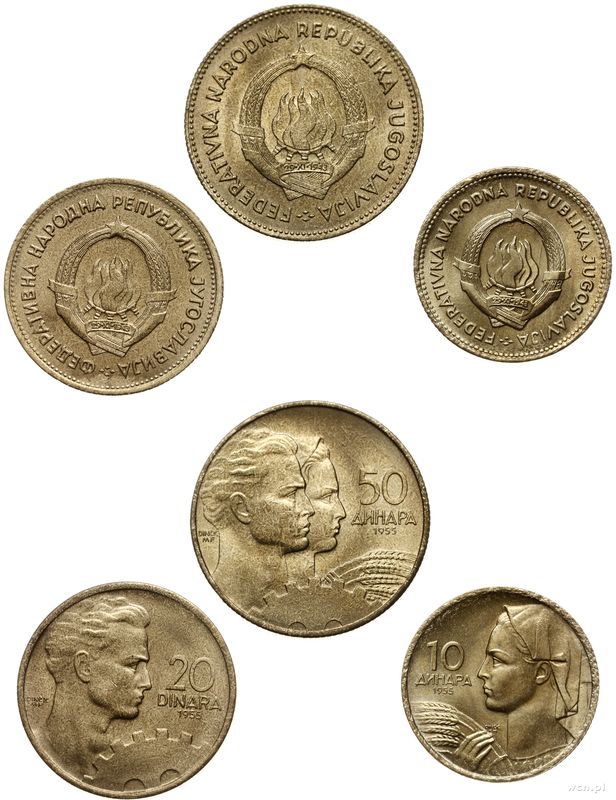 Jugosławia, zestaw 3 monet, 1955