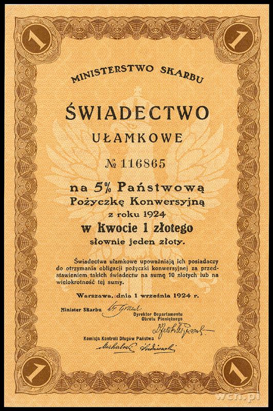 Polska, Świadectwo ułamkowe na 5% Państwową Pożyczkę Konwersyjną z roku 1924.., 1.9.1924