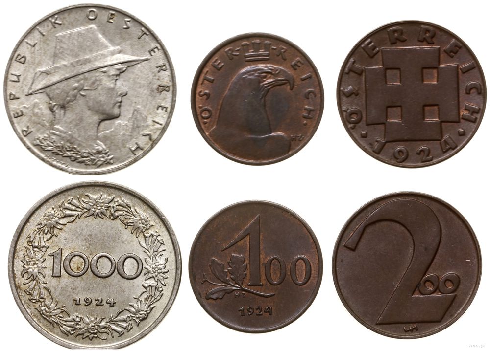 Austria, zestaw 3 monet, 1924