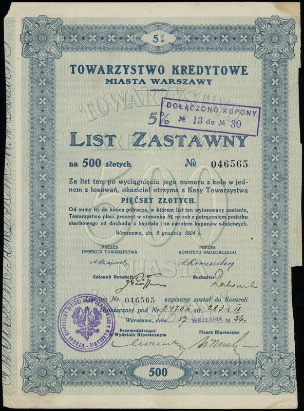 Polska, 5-cio procentowy list zastawny na 500 złotych, 05.12.1924
