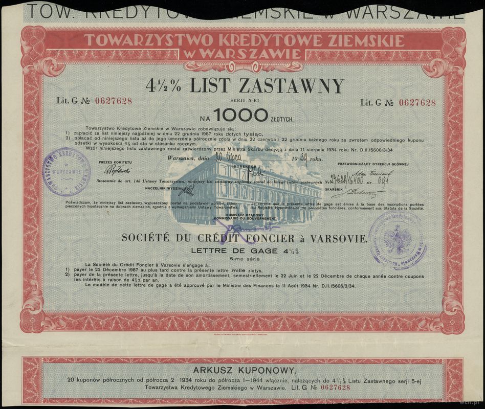 Polska, 4 1/2 % list zastawny na 1.000 złotych, 20.07.1939