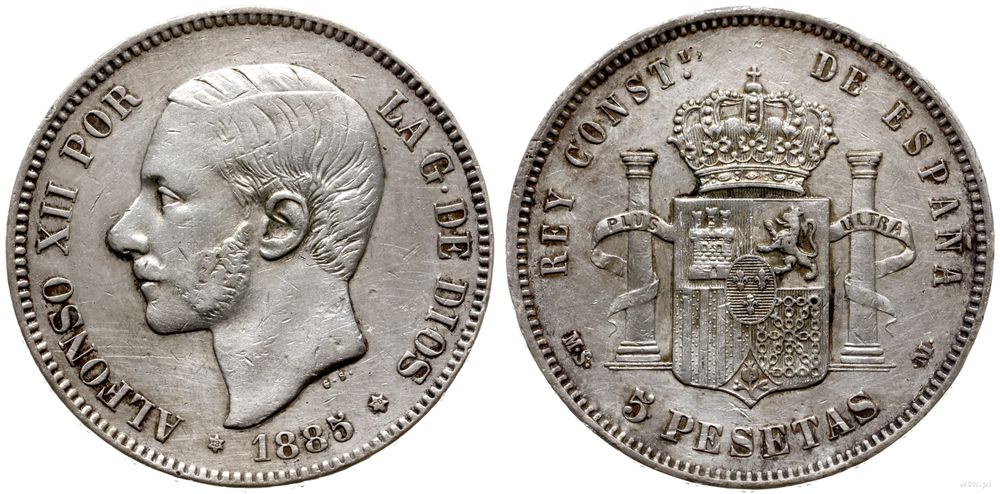 Hiszpania, 5 peset, 1885 MS M