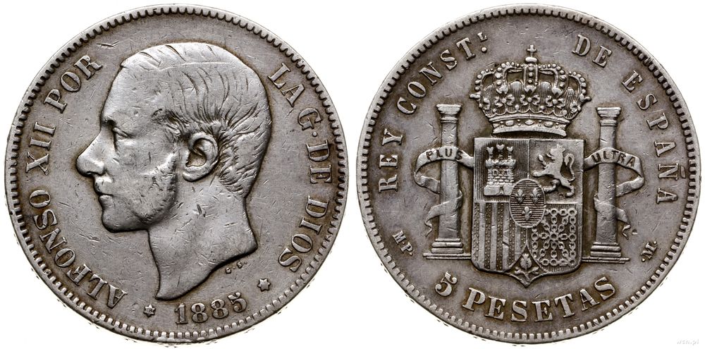 Hiszpania, 5 peset, 1885 MPM