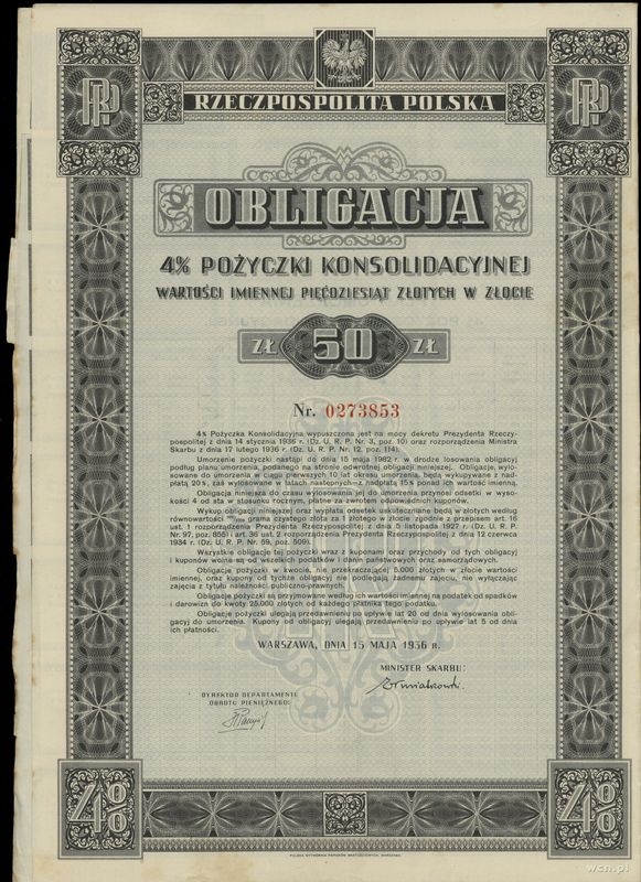 Rzeczpospolita Polska (1918–1939), obligacja 4 % pożyczki konsolidacyjnej na 50 złotych w złocie, 15.05.1936