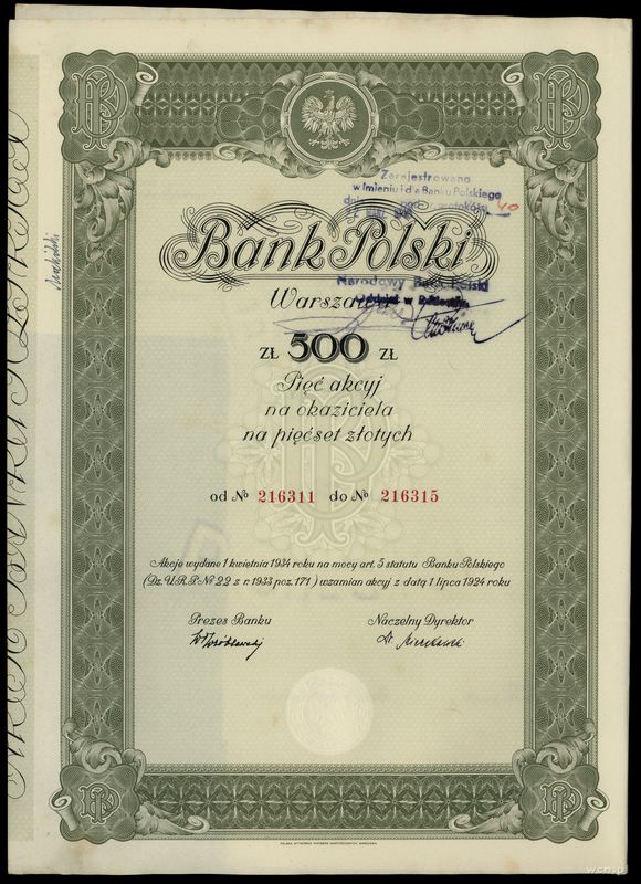 Polska, 5 akcji po 100 złotych = 500 złotych, 1.04.1934