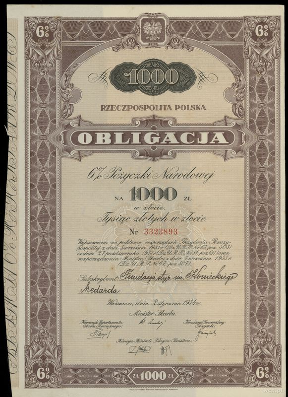 Rzeczpospolita Polska (1918–1939), obligacja 6% na 1.000 złotych w złocie, 2.01.1934