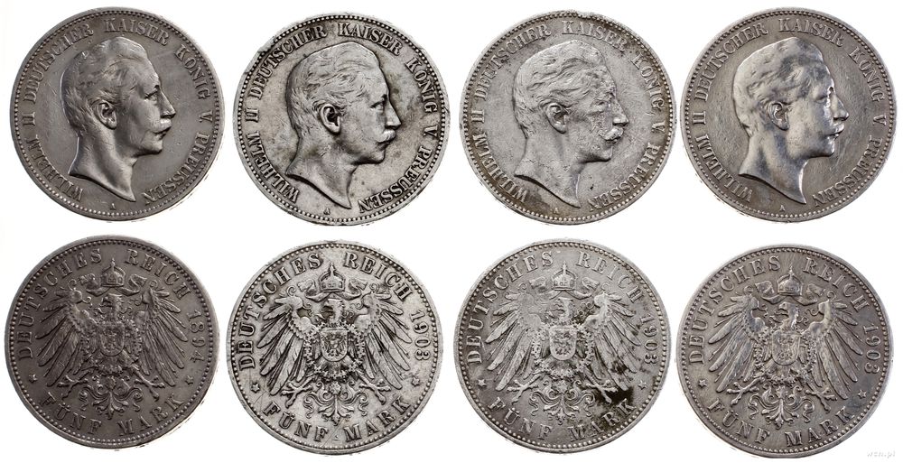 Niemcy, zestaw: 4 x 5 marek, 1894 i 3 x 1903