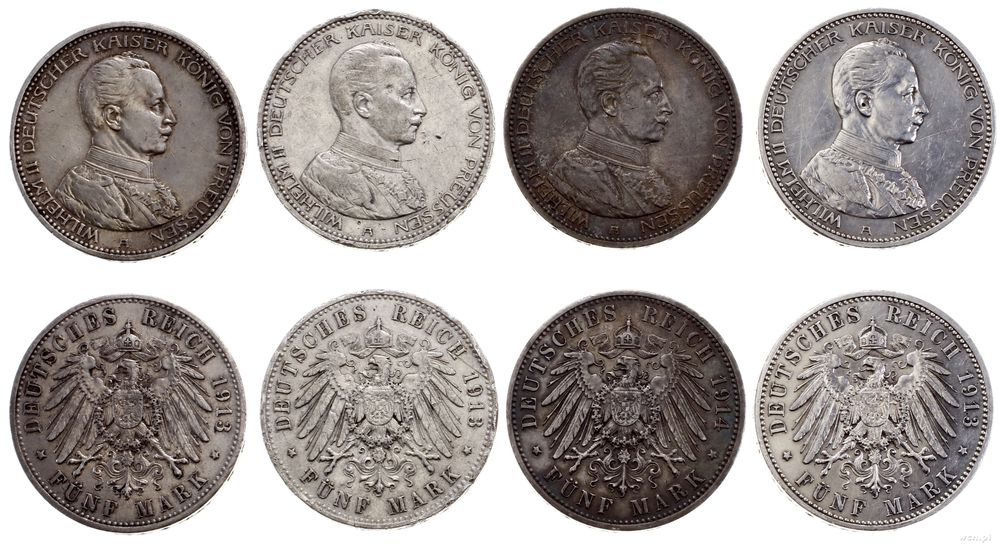 Niemcy, zestaw: 4 x 5 marek, 3 x 1913, 1 x 1914