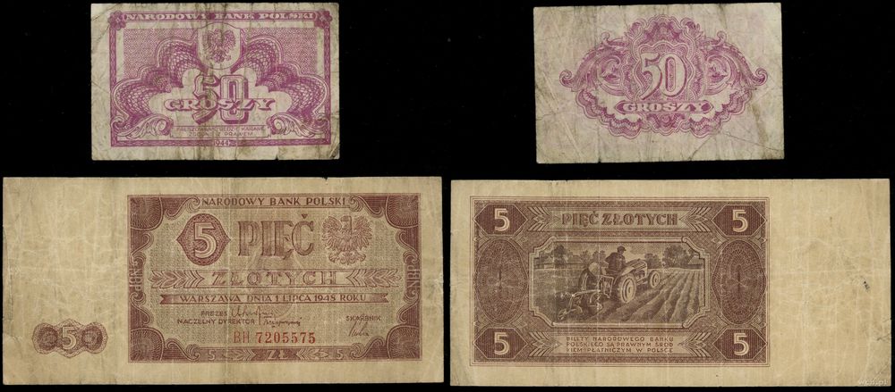Polska, zestaw: 50 groszy 1944 oraz 5 złotych 1.07.1948