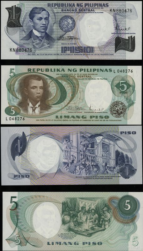 Filipiny, zestaw: 1 i 5 peso, 1969