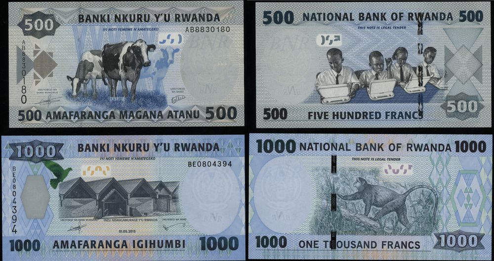 Rwanda, zestaw: 500 franków 2013 i 1.000 franków 2015