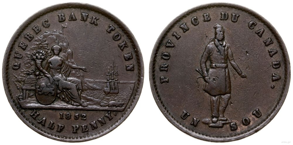 Kanada, żeton o nominale 1/2 pensa (1 sou), 1852