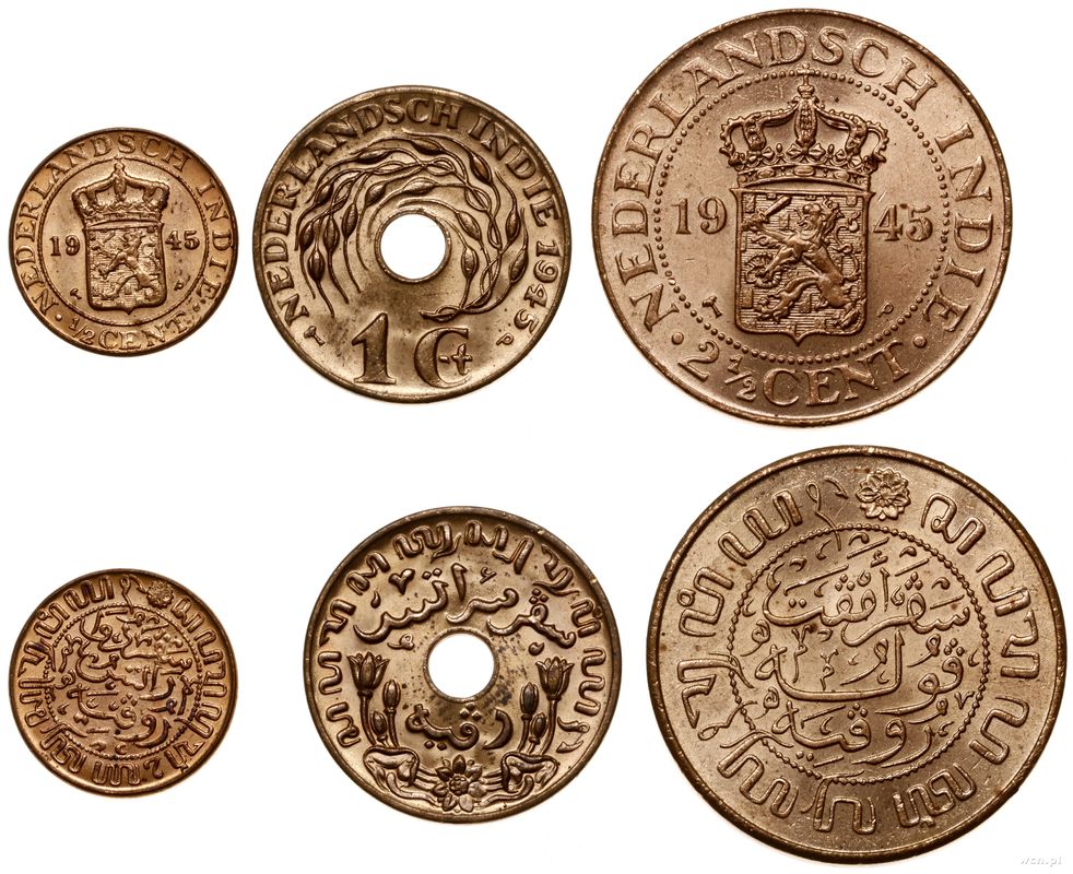 Holenderskie Indie Wschodnie 1726-1949, zestaw 3 monet, 1945