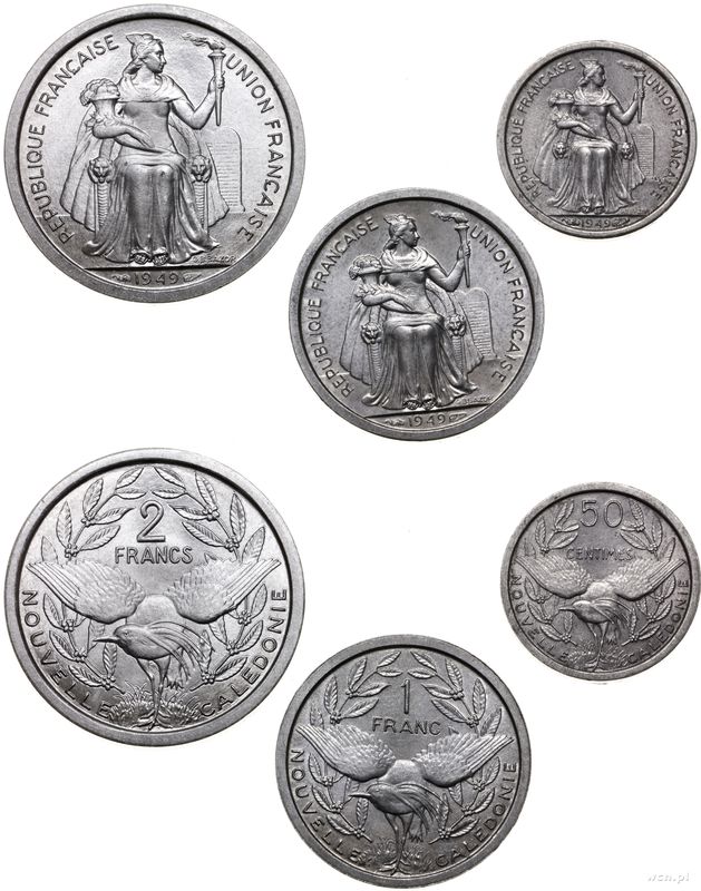 Nowa Kaledonia, lot 3 monet, 1949