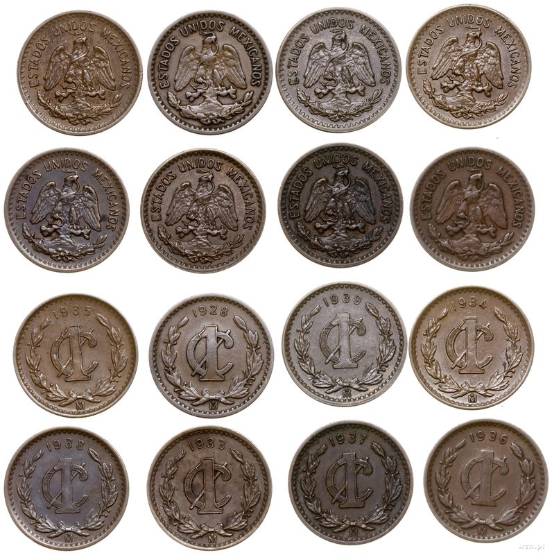 Meksyk, zestaw 8 x 1 centavo, 1928, 1933, 1934, 1935, 1936, 1937, 1938
