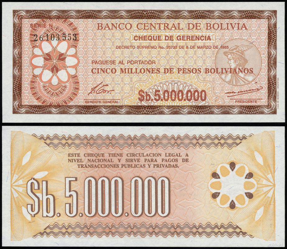 Boliwia, 5.000.000 pesos bolivianos, 8.03.1985
