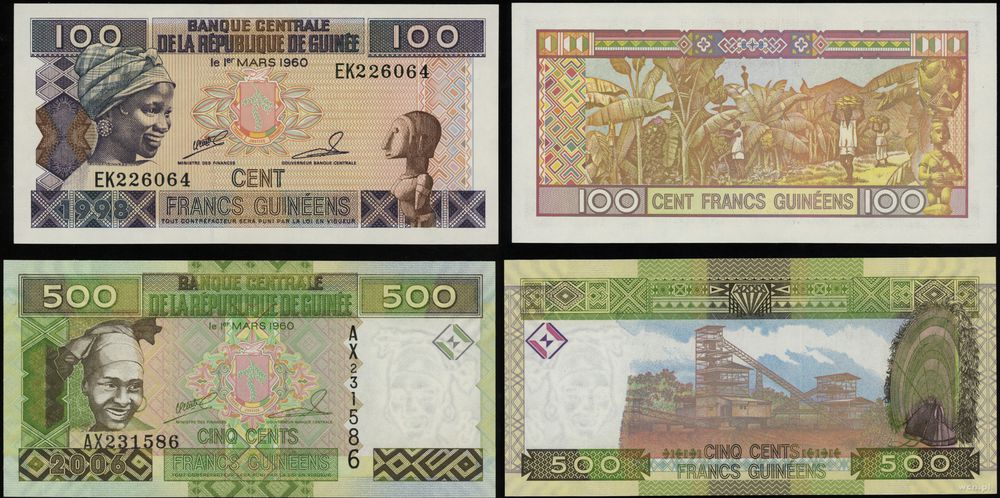 Gwinea, zestaw: 100 franków 1998 i 500 franków 2006