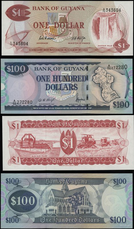 Gujana, zestaw: 1 dolar (1966-1992) i 100 dolarów 1999