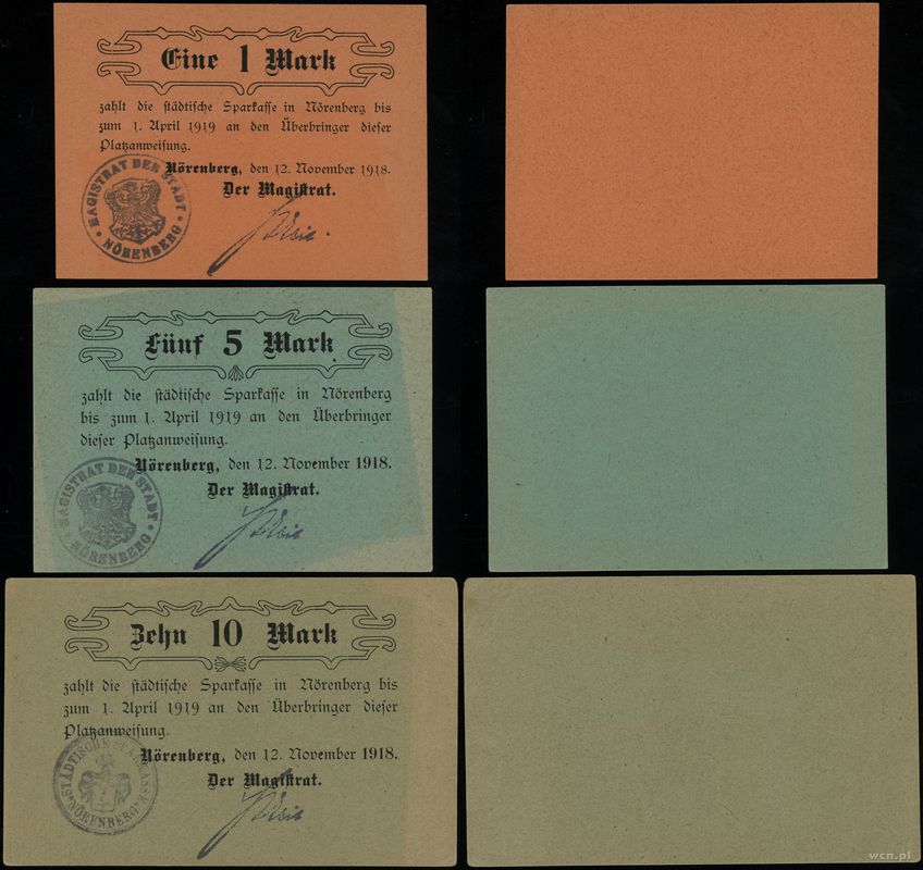 Pomorze, zestaw: 1, 5 i 10 marek, ważne od 12.11.1918 do 1.04.1919