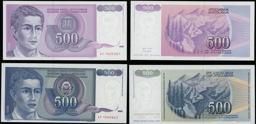 Jugosławia, zestaw: 2 x 500 dinarów, 1990 i 1992