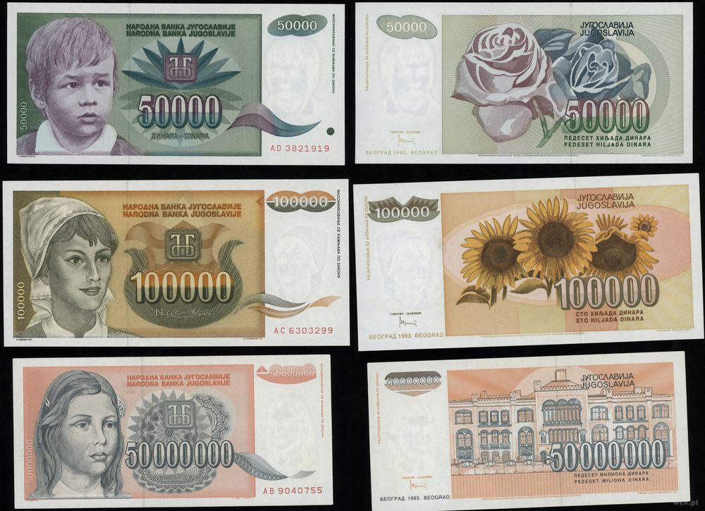 Jugosławia, zestaw 3 banknotów, 1992–1993