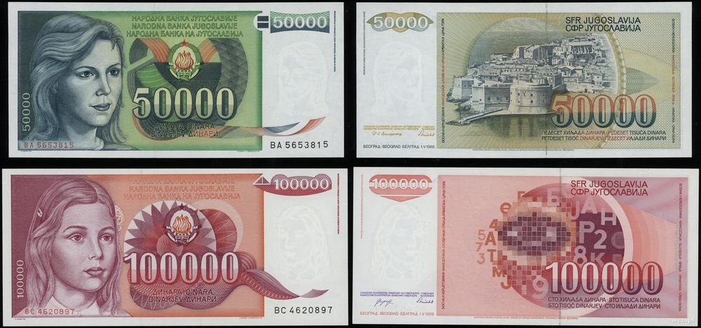 Jugosławia, zestaw: 50.000 dinarów i 100.000 dinarów, 1988–1989