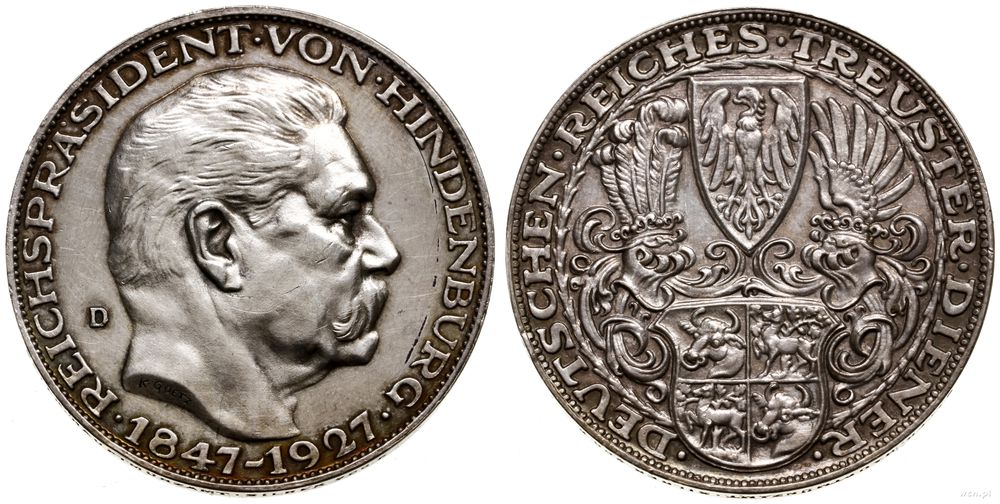 Niemcy, medal wybity z okazji 80. urodzin Paula von Hindenburga, 1927 D