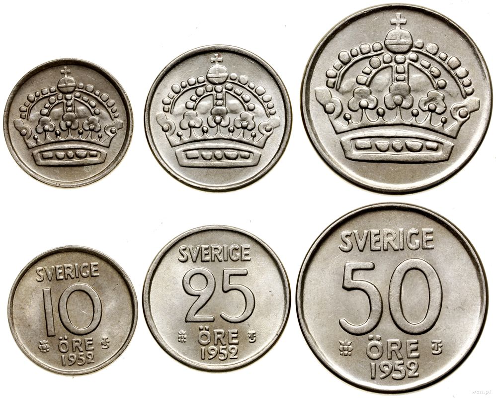 Szwecja, lot 3 monet, 1952 TS