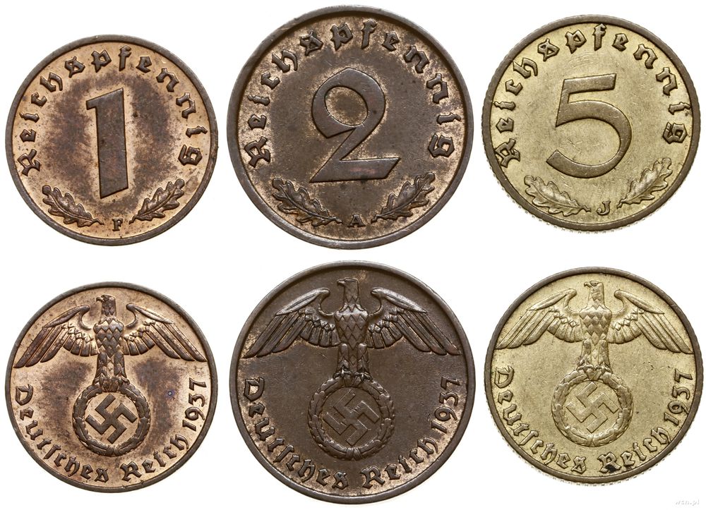 Niemcy, zestaw: 1 fenig, 2 fenigi i 5 fenigów, 1937