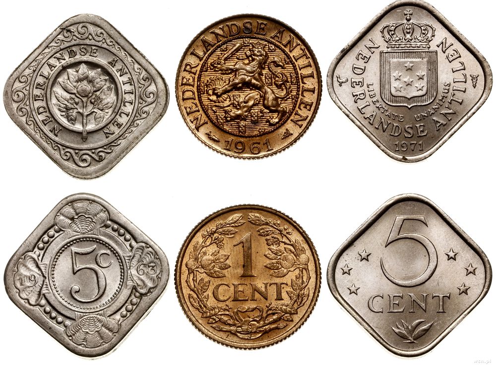 Antyle Holenderskie, zestaw: 1 cent 1961, 5 centów 1963, 5 centów 1971