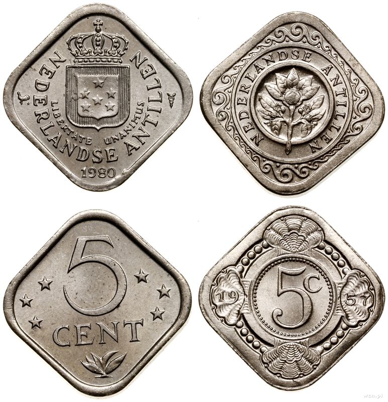 Antyle Holenderskie, zestaw: 5 centów 1957 i 5 centów 1980