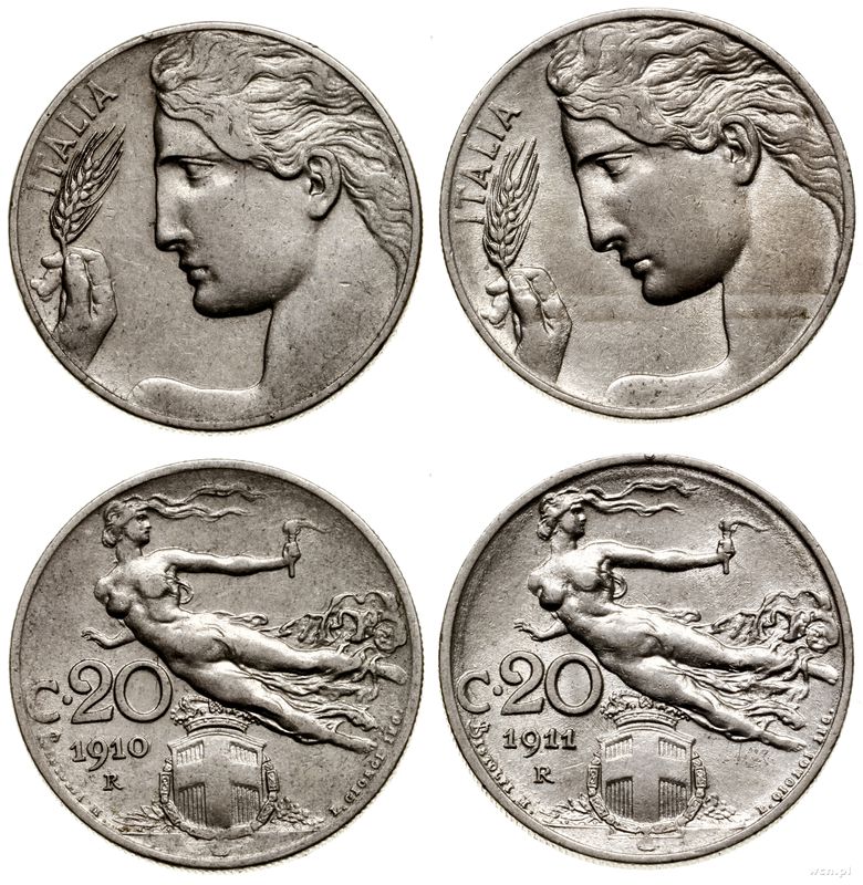 Włochy, zestaw: 2 x 20 centesimi, 1910 oraz 1911