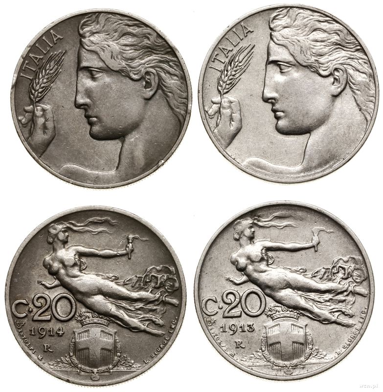 Włochy, zestaw: 2 x 20 centesimi, 1913 oraz 1914