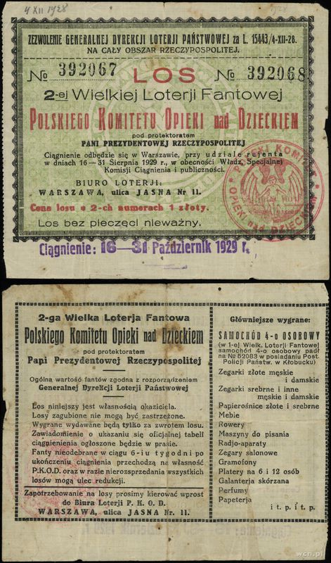 Polska, 2 losy wartości 1 złotego, 1929