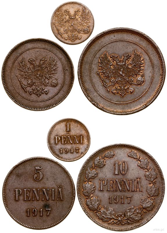 Finlandia, zestaw: 1, 5, 10 pennia, 1917