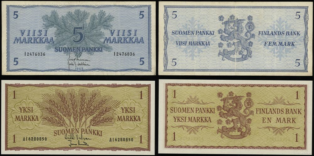 Finlandia, zestaw: 1 marka i 5 marek, 1963