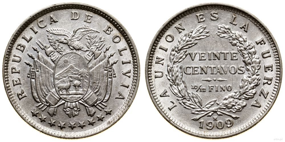 Boliwia, 20 centavos, 1909