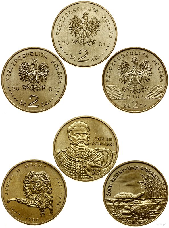 Polska, zestaw: 3 x 2 złote, 1 x 2001, 2 x 2002